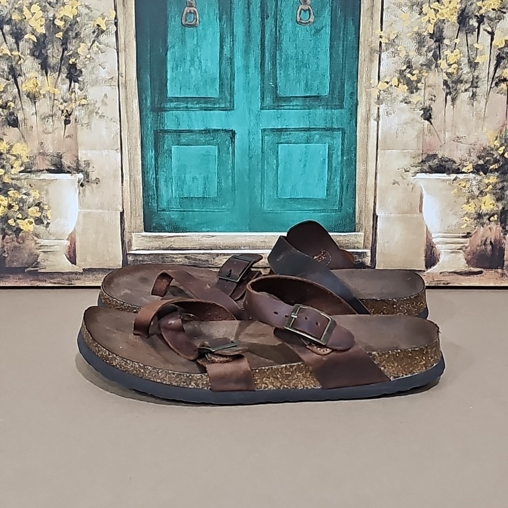 Mountain Sole Womens Brown Leather Sandals Slip On Buckle Adjustable Size 10M